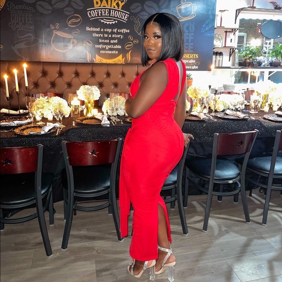 red strappy mesh ruched midaxi dress Cherry Red Ruched Midi Dress